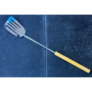 Vintage Foley USA Slotted Spatula Chrome Plated Wood Handle Long Turner BBQ